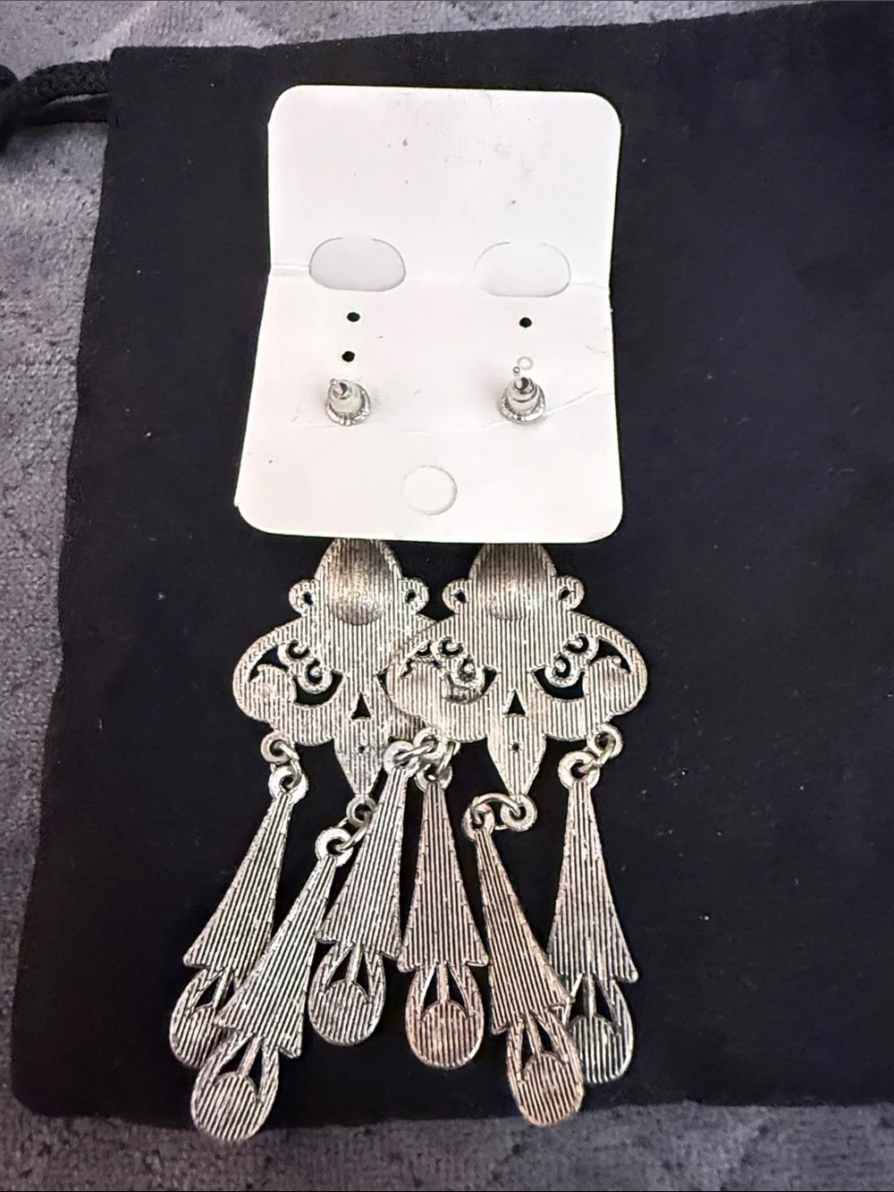 Silver-Tone Black Teardrop Chandelier Earrings - Women Jewelry